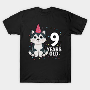 9 Years Old Birthday Husky Dog Lover 9Th Birthday Party Kid T-Shirt
